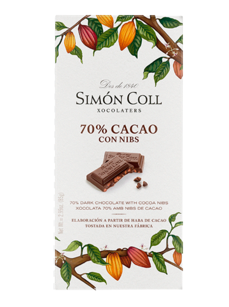 Chocolate 70% cacao con nibs Simón Coll 85g